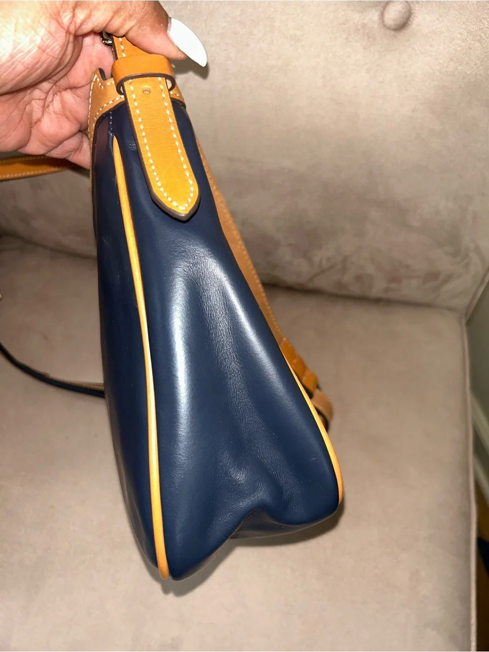 Dooney & Bourke Navy and Tan Leather Crossbody Piper with Front Zip